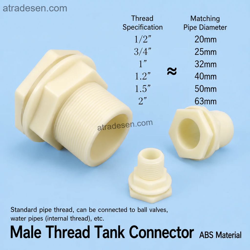 ABS Male Threaded Bulkhead Tank Connector | Water Inlet & Drainage Joint with Rubber Sealing Gasket (1/2" to 2") - Atradesen