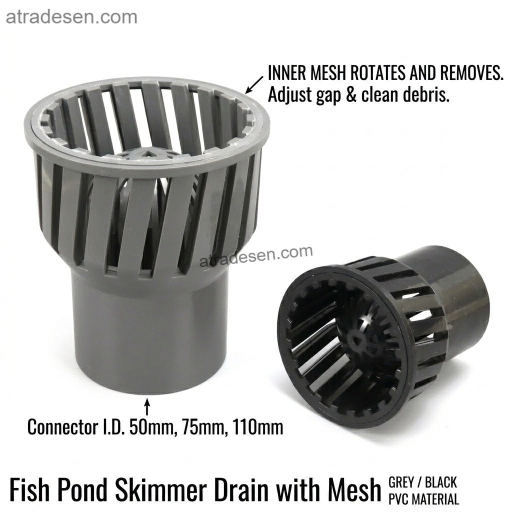 Adjustable PVC Fish Pond Skimmer Drain (50-110mm) | Rotating Mesh Surface Filter | Koi Pond & Aquaculture Plumbing