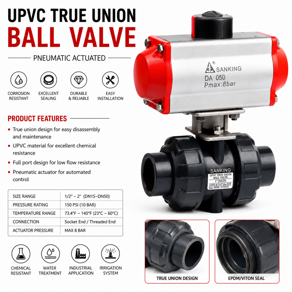 Heavy-Duty SanKing Pneumatic UPVC Ball Valve (75-110mm) | Industrial Double Acting Air Actuated Valve | 150 PSI