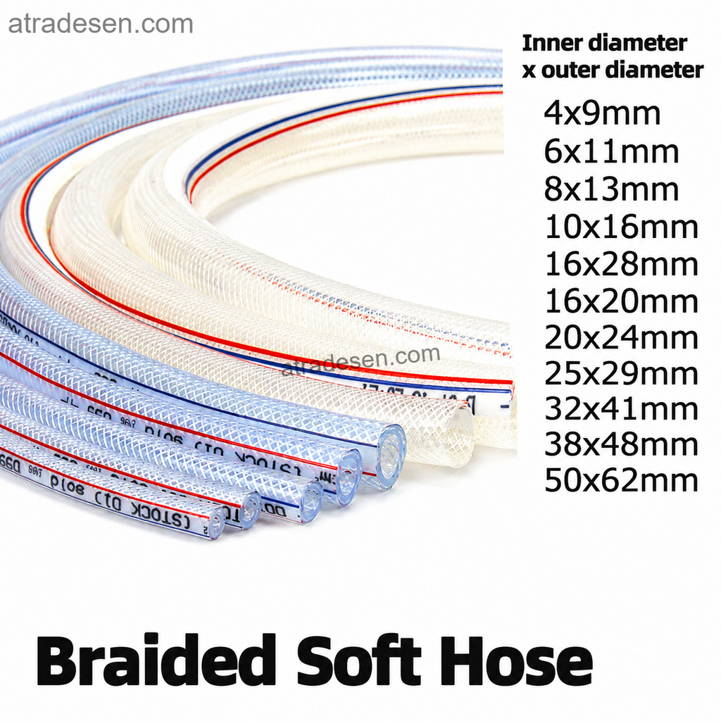 Clear Braided PVC Hose: Fiber Reinforced Flexible Tubing for Water & Aeration (4x9mm to 50x62mm)