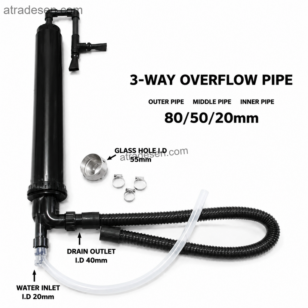 Complete 55mm Hole Triple Overflow Plumbing Kit | Black 3-Way Sump System | Surface Skimmer & Bottom Drain