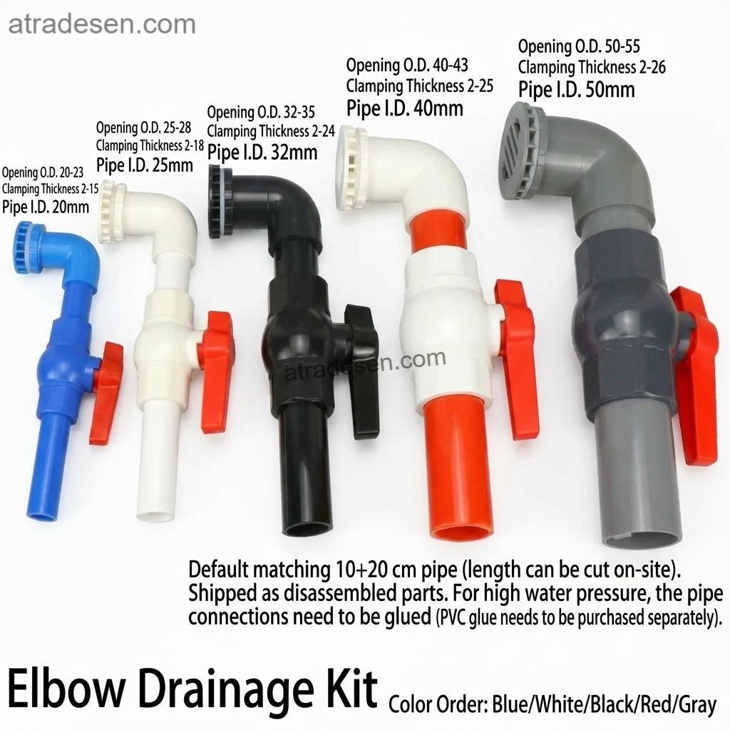 Complete PVC 90° Elbow Drain Valve Kit (20-50mm) | Slotted Bulkhead & Side-Handle Valve | Aquarium Space-Saving Plumbing Set