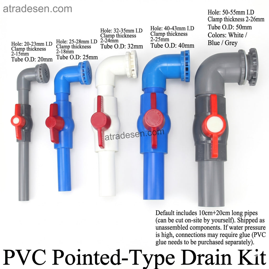 Complete PVC L-Shape Drain Valve Kit (20-50mm)  Pointed Tank Bulkhead with Side-Handle Valve & Pipes  Aquarium DIY Set
