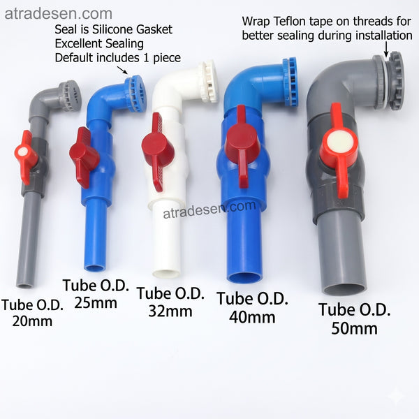 Complete PVC L-Shape Drain Valve Kit (20-50mm)  Pointed Tank Bulkhead with Side-Handle Valve & Pipes  Aquarium DIY Set