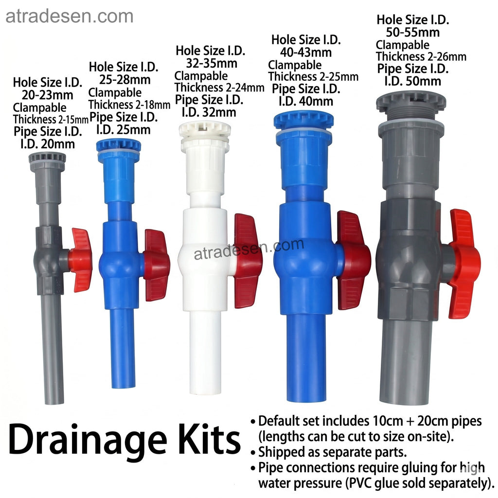 Complete PVC Straight Drain Valve Kit (20-50mm) | Aquarium Tank Bulkhead with Ball Valve & Pipes | DIY Plumbing Set