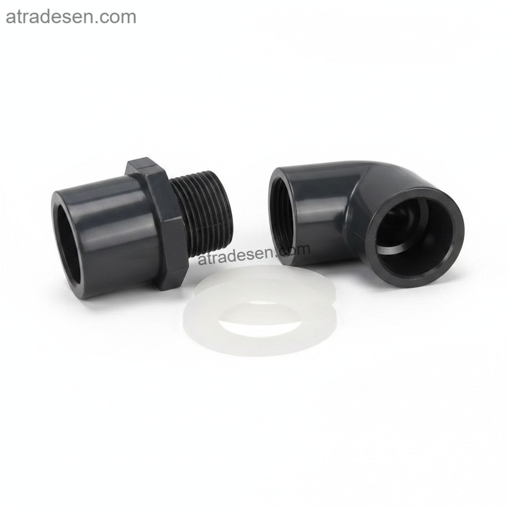 Dark Grey UPVC 90° Elbow Tank Bulkhead (20-63mm) | Space-Saving Double-Sided Pipe Connector | Aquarium Plumbing
