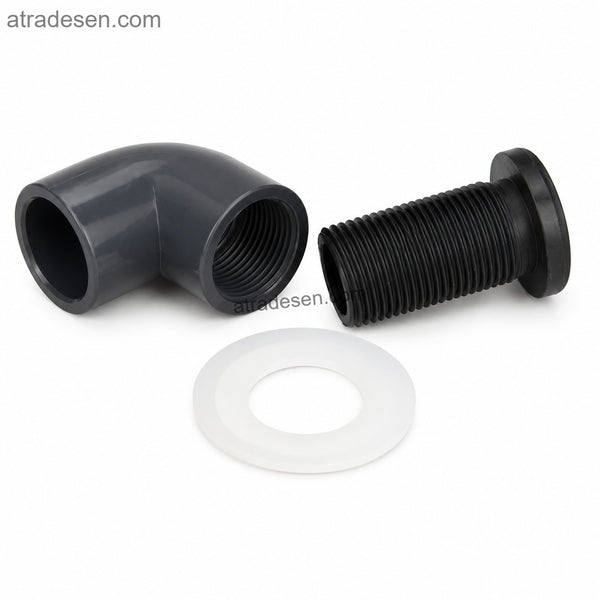Extended 90° Elbow UPVC Flush Mount Drain (20-63mm) | Space-Saving Custom Cut Bulkhead for 0-35mm Glass