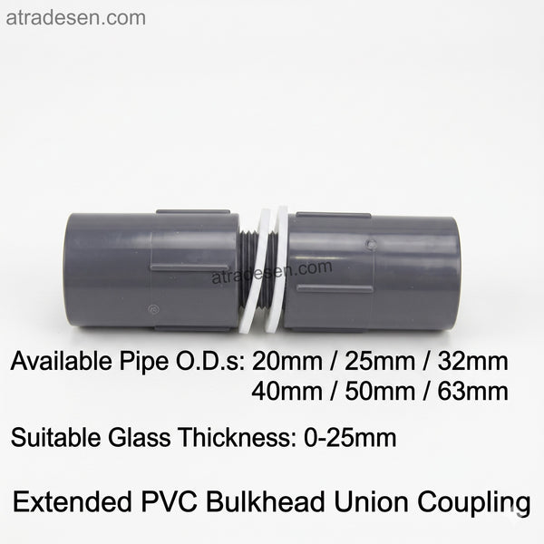 Extended UPVC Bulkhead Union Coupling (20-75mm) | Space-Saving Tank Connector for 0-25mm Glass | Aquarium & Sump