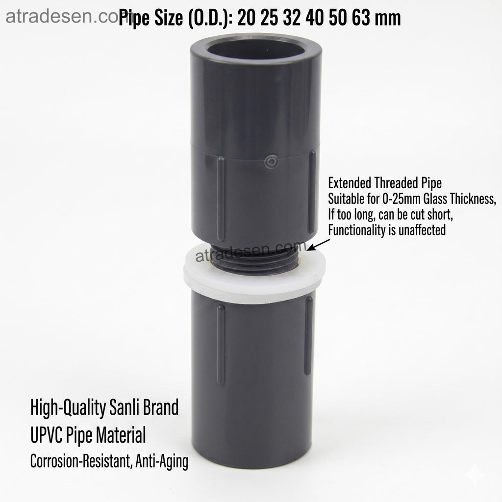 Extended UPVC Bulkhead Union Coupling (20-75mm) | Space-Saving Tank Connector for 0-25mm Glass | Aquarium & Sump
