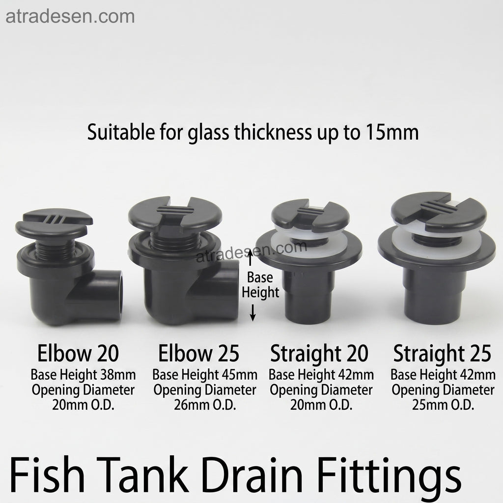 Mini Flush Mount Aquarium Bottom Drain (20/25mm) | Slotted Anti-Clog PVC Bulkhead | Straight & Elbow Tank Connector