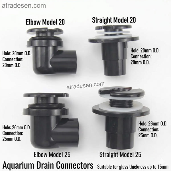 Mini Flush Mount Aquarium Bottom Drain (20/25mm) | Slotted Anti-Clog PVC Bulkhead | Straight & Elbow Tank Connector
