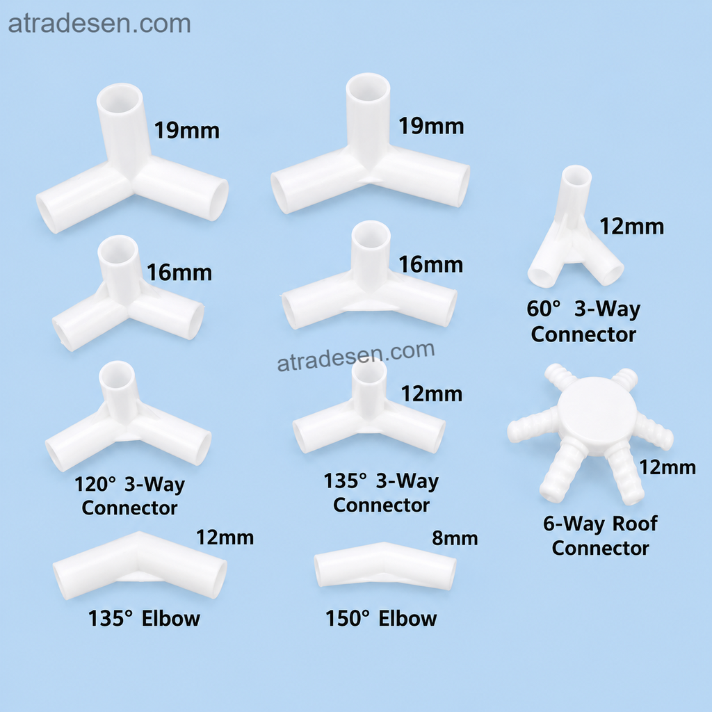 PE Plastic Small-Diameter Pipe Rack Connectors  Multi-Angle Structural Joint Fittings for DIY Frame Cover & Models (8mm, 12mm, 16mm, 19mm ID) - Atradesen