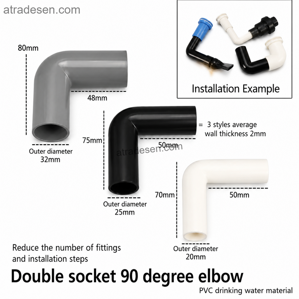 PVC Double Spigot 90-Degree Elbow | Double Male Insertion Pre-Bent Fitting for Tight Spaces (20mm, 25mm, 32mm) - Atradesen