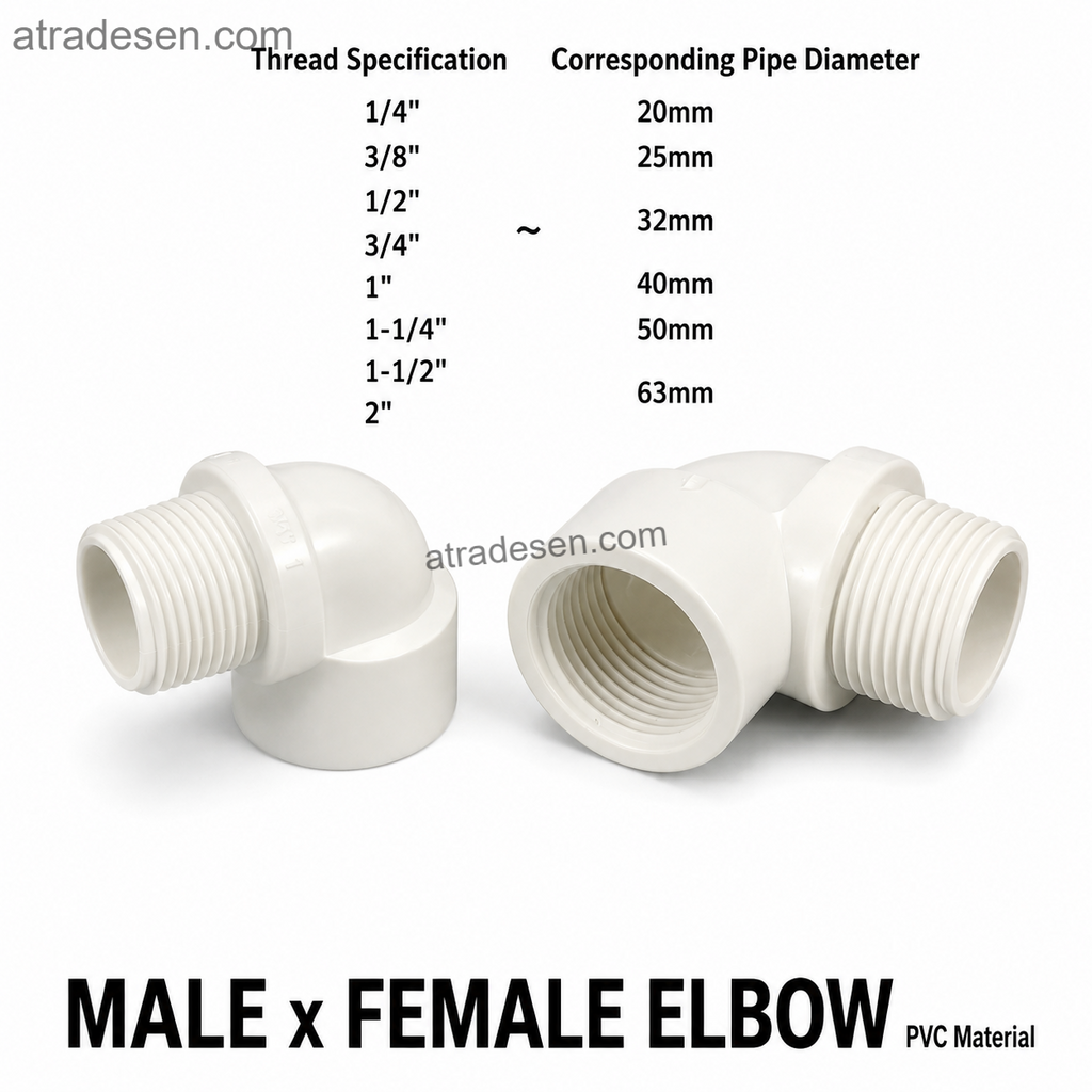 PVC Male x Female 90-Degree Threaded Elbow | G/BSP Street Elbow Pipe Joint Extension Fitting (1/2" to 2") - Atradesen