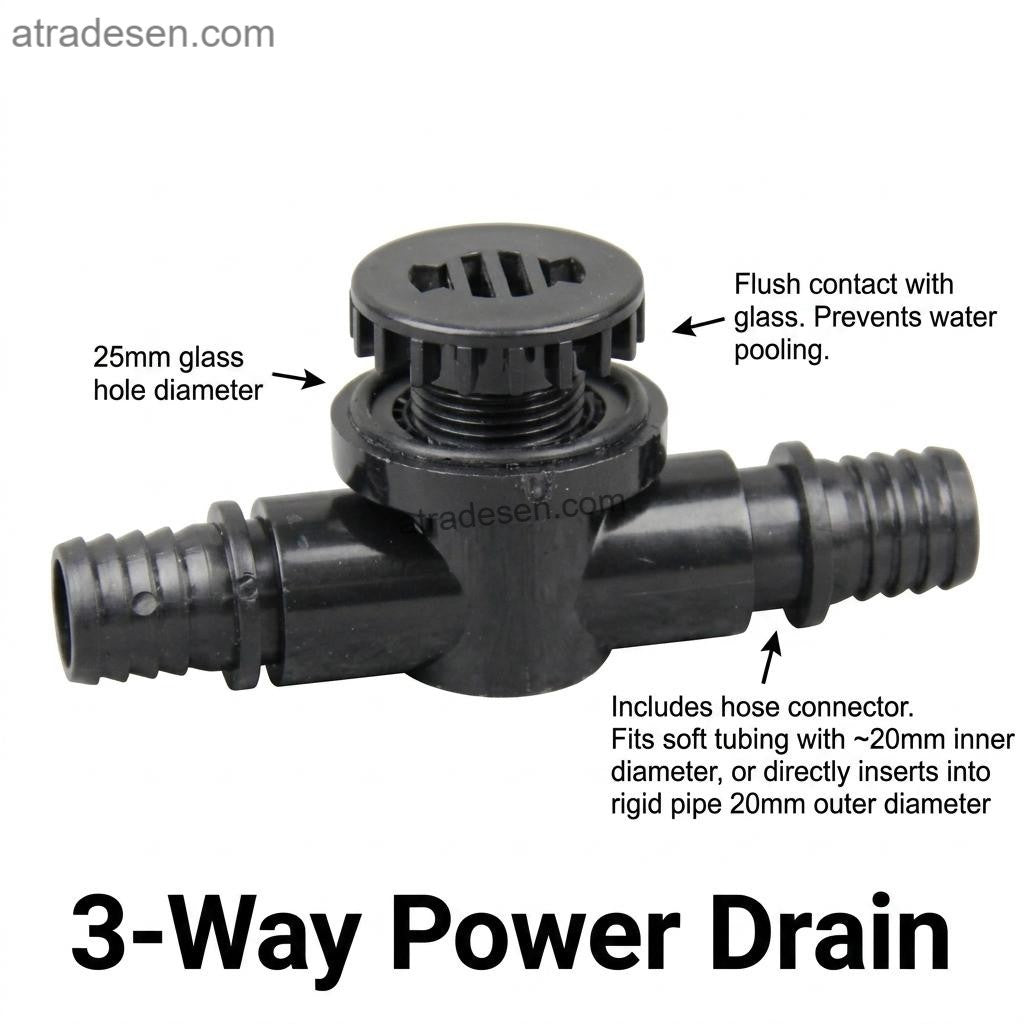 Premium 3-Way Aquarium Power Drain Bulkhead  Flush Mount Tee Connector for Soft Hose & 20mm Pipe  Zero Dead Water