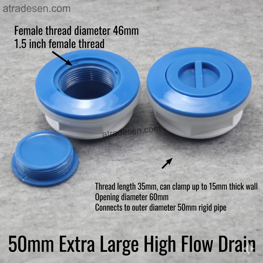 Premium 50mm Extra Large High Flow Bulkhead Drain Fitting - 1.5" Female Thread Tank Adapter