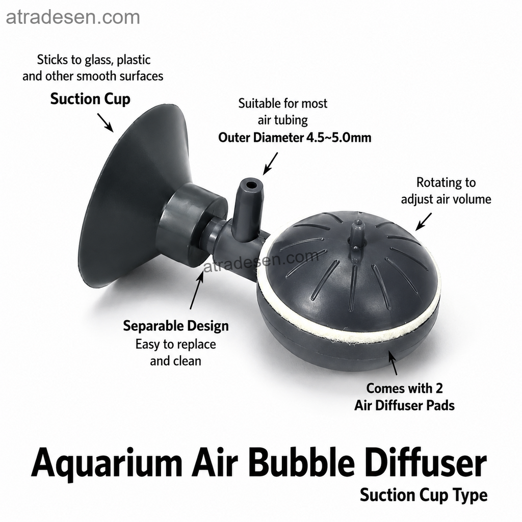 Premium Adjustable Aquarium Air Bubble Diffuser | Suction Cup Nano Air Stone w/ 3 Pads | Low Pressure Aerator
