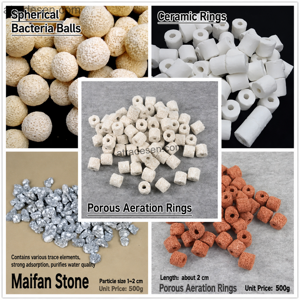 Premium Aquarium Biological Filter Media (500g)  Porous Ceramic Rings, Bio-Balls, Maifan & Volcanic Stone  Water Purifier