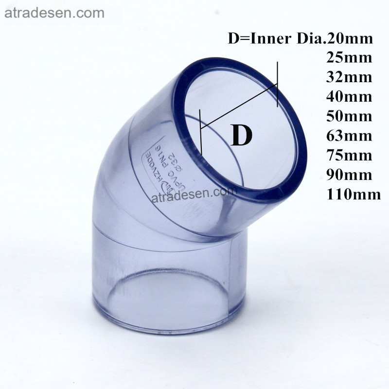 Premium Clear UPVC 45° Elbow Connector (20-75mm) | Transparent Aquarium Plumbing Slip Fitting | Low Flow Loss Joint