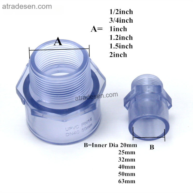 Premium Clear UPVC Male Thread Adapter (20-63mm) | Slip Socket to MPT Connector | Transparent Aquarium Plumbing Joint