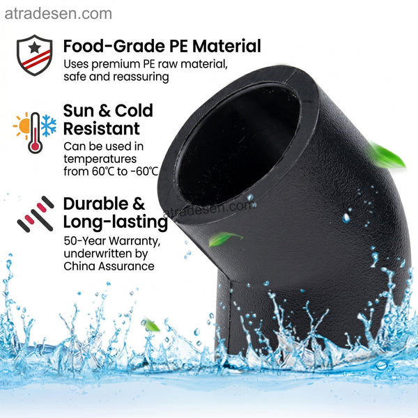 Premium Lesso Black PE 45-Degree Elbow (20mm-63mm) - Hot Melt Fusion Water Fitting