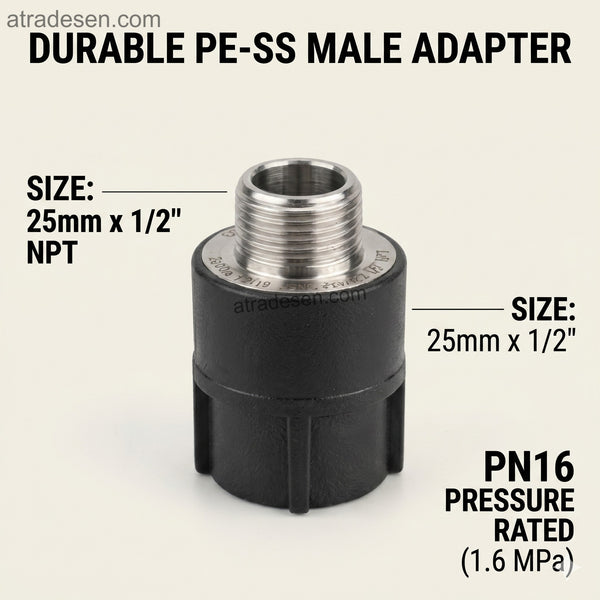 Premium Lesso Black PE Male Threaded Adapter (20mm-32mm) - 304 Stainless Steel Fusion Fitting