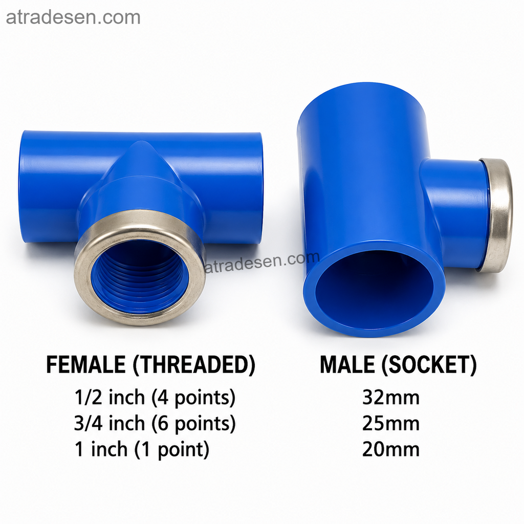 Premium Lesso Blue UPVC Female Threaded Tee | Slip x FPT Hybrid Plumbing Fitting | Metal Reinforced Collar