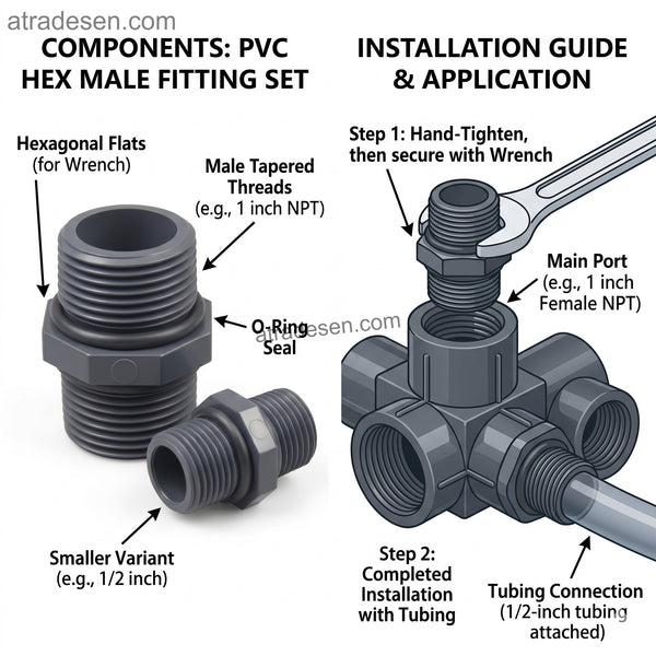 Premium SANKING UPVC Hex Nipple with O-Rings - Double Male Threaded Adapter (1/4