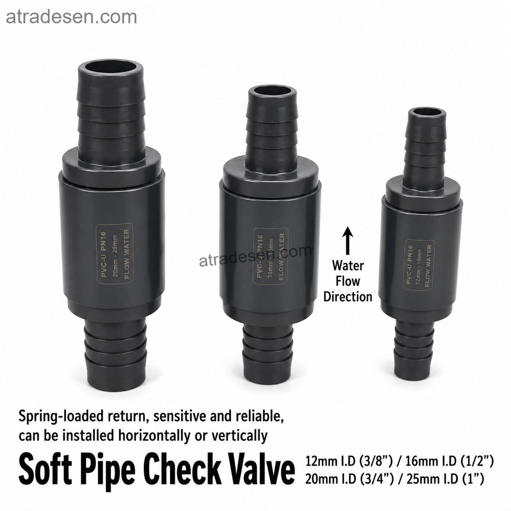 Premium Spring-Loaded Soft Pipe Check Valve (12-25mm) | Barbed Non-Return Valve for Aquarium Hose | Horizontal & Vertical Use