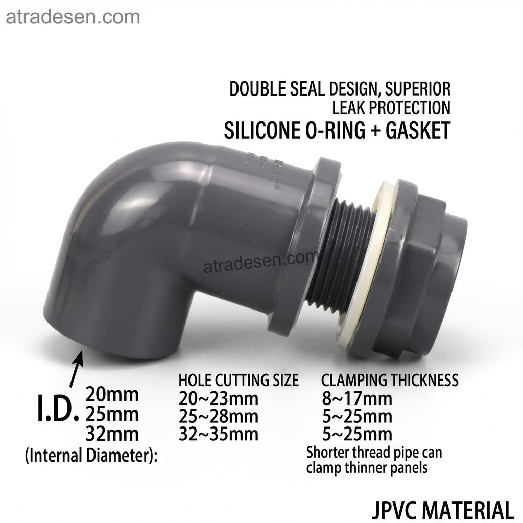 Premium UPVC Extended Elbow Bulkhead (20-32mm)  Double Seal Leak Protection  Aquarium Overflow & Drain Connector