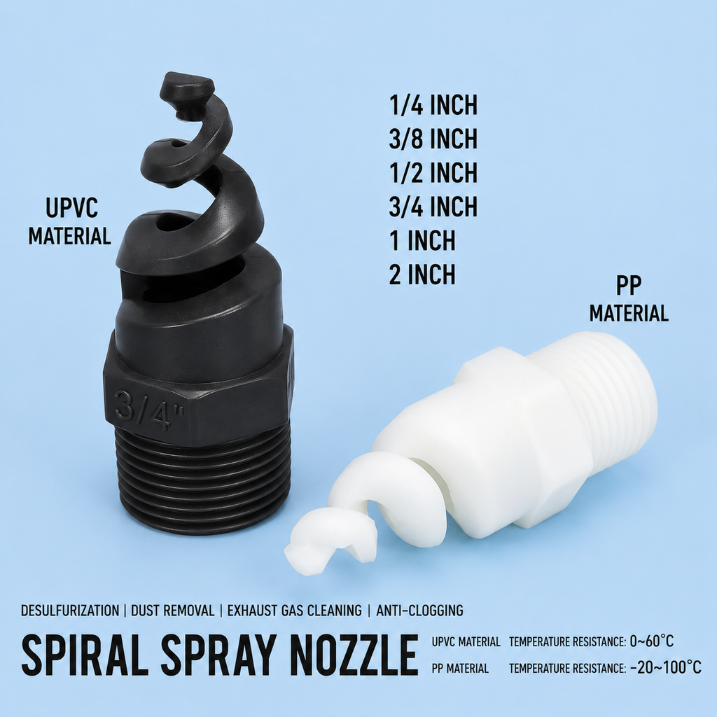 Premium UPVC / PP Spiral Spray Nozzle (1/4" - 1" MPT) | 120° Full Cone Anti-Clog Jet | Industrial Scrubber & Dust Removal