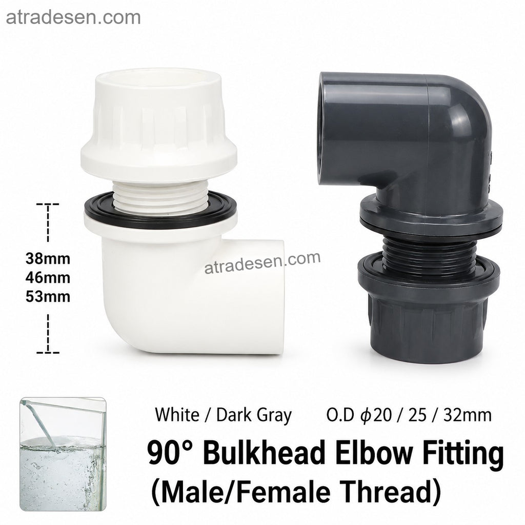 Premium Ultra-Narrow 90° Elbow Bulkhead (20-32mm) | Full Thread No-Cut Tank Connector | EPDM Seal Aquarium Plumbing