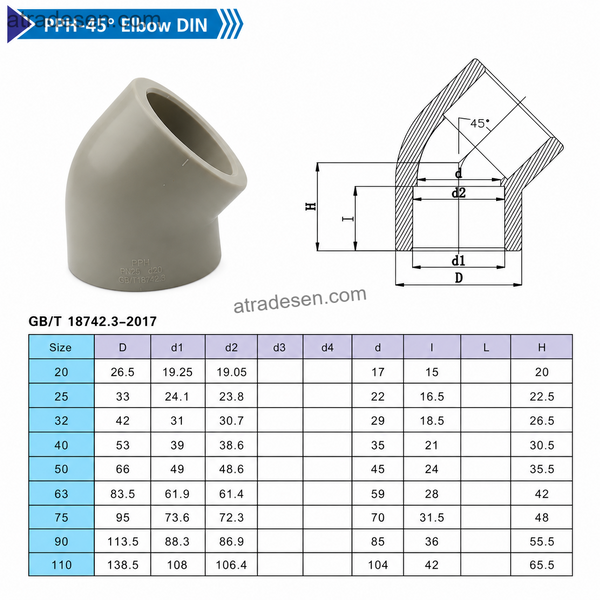 S.H PPH 45-Degree Socket Fusion Elbow | S5 1.25MPa Chemical-Grade Hot-Melt Pipe Bend Joint (20mm - 110mm) - Atradesen