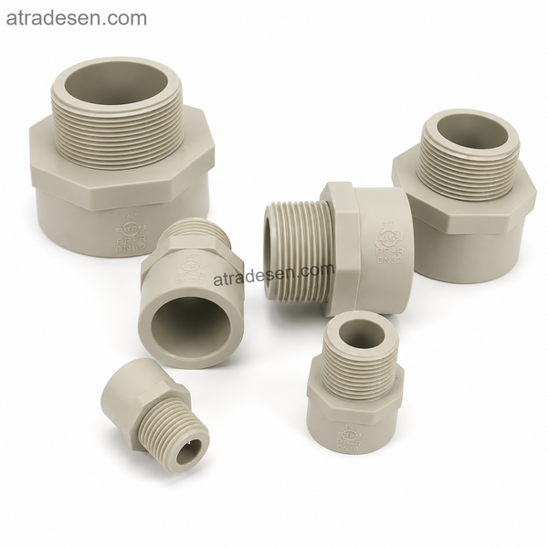 S.H PPH Male Thread Connector | S5 1.25MPa Chemical-Grade Hot-Melt Socket to Male Thread Straight Joint (20mm - 63mm)