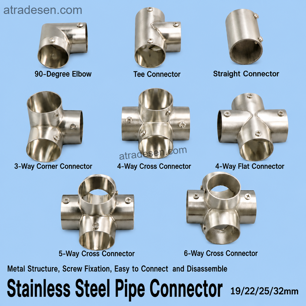 Stainless Steel & Zinc Alloy Pipe Connector | Heavy-Duty Screw-Fixation Utility Metal Frame Joint (19mm, 22mm, 25mm, 32mm ID) - Atradesen