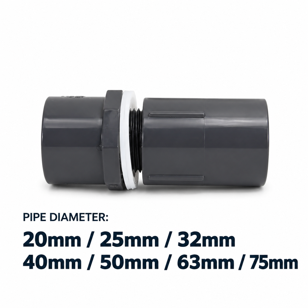 Standard UPVC Aquarium Bulkhead Fitting (20-75mm) | Straight Tank Connector with Silicone Gasket | 100% Watertight