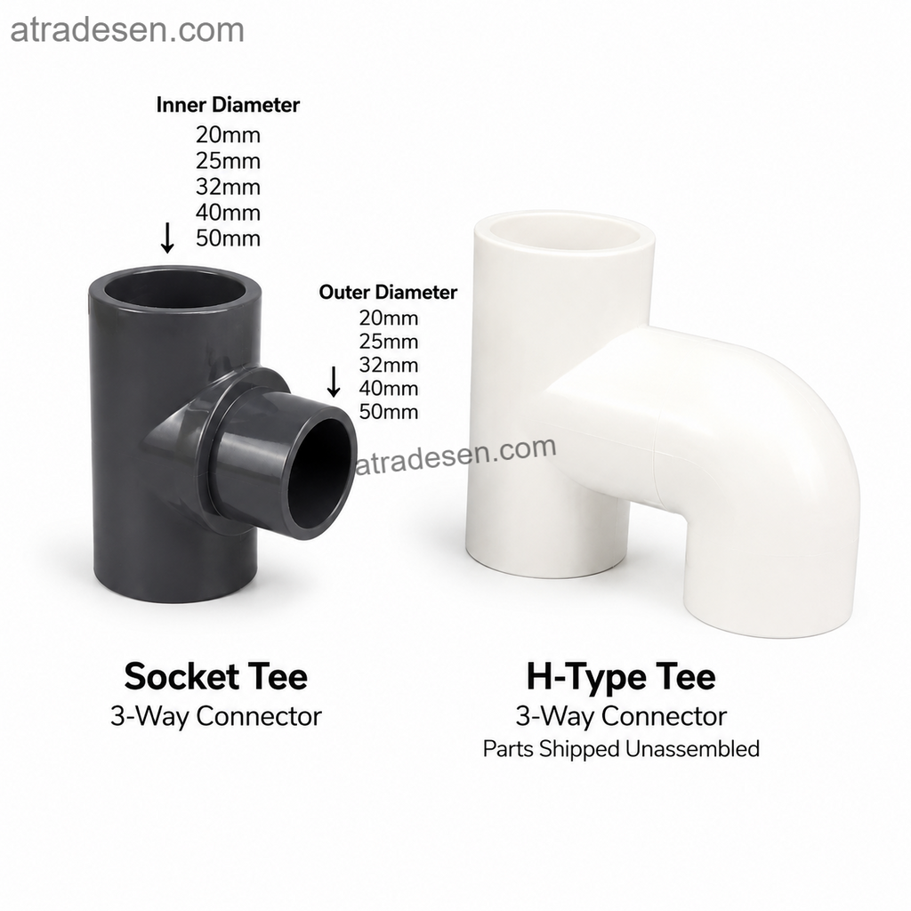 UPVC Male-to-Female Insertion Socket Tee | H-Type Parallel Bypass Tee Fitting (20mm, 25mm, 32mm, 40mm, 50mm) - Atradesen
