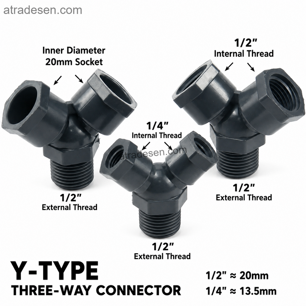 UPVC Y-Type 3-Way Connector | G1/2" Male Base to Dual 1/4" & 1/2" Female Thread Gauge & Sampling Valve Manifold - Atradesen